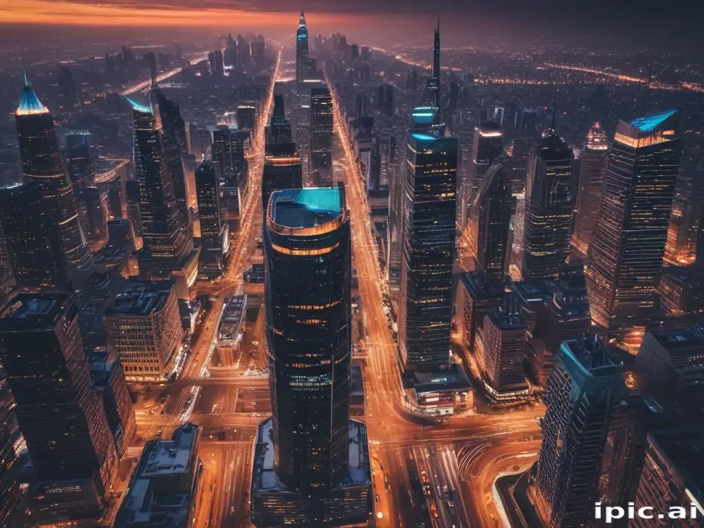 Stunning Aerial View of a Vibrant City Skyline at Dusk