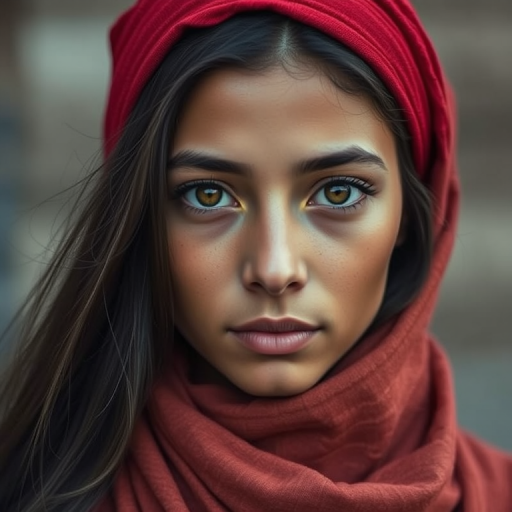 Create a portrait of a young taino woman with long, dark hair and captivating hazel eyes. She is wearing a red headscarf and a matching scarf draped gracefully around her neck. The background is softly blurred, focusing attention on her serene and natural expression. The overall color palette is muted and warm, enhancing the intimate and authentic feel of the portrait.
