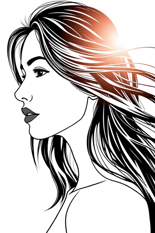 Create a high-contrast line drawing of a female profile with flowing hair, using a Canon EOS R5 with 50mm f/1.2 lens, aperture set to f/2.8, ISO 100, and a soft sunlight backdrop, capturing a side view with acute detail.