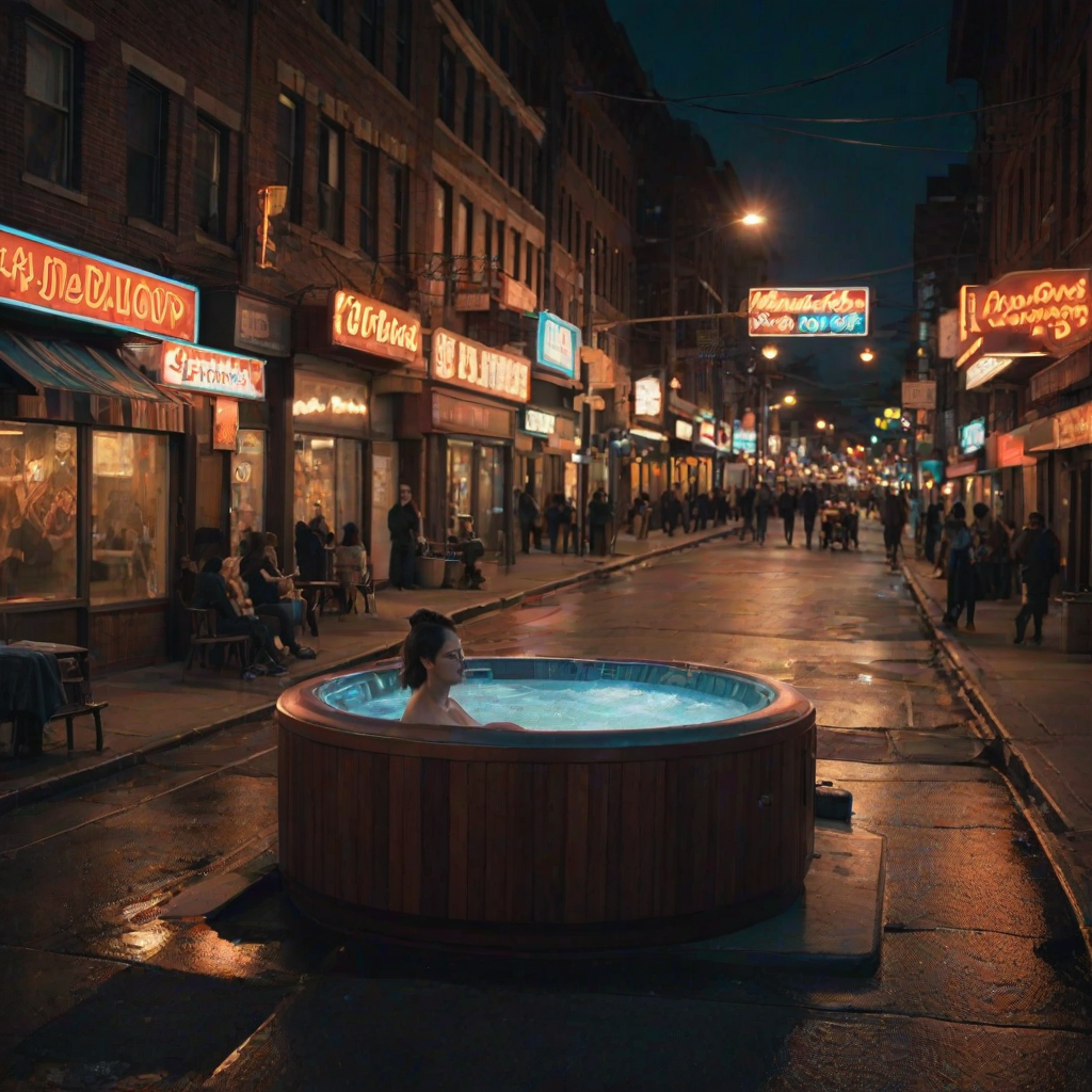 Cinematic still, The hot tub, a magnificent work of art, sits in the middle of a bustling city street. Its intricate design is illuminated by the warm glow of streetlamps and neon signs. aidmasoftglow