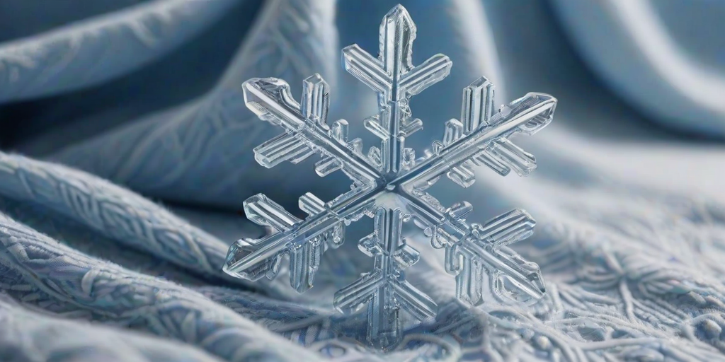High-resolution close-up of a snowflake resting on the woolen fabric of a scarf, its delicate crystal structure perfectly formed, with soft blue and white light reflecting off the surrounding snow.
