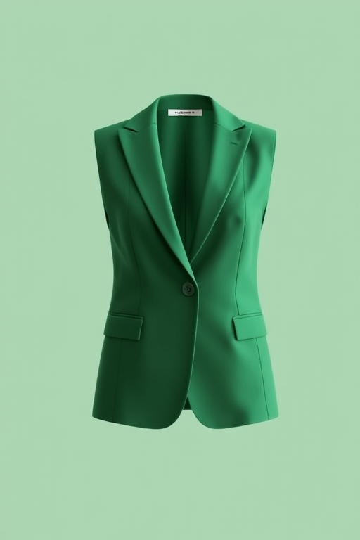 Create a high-resolution image of a simple green blazer with a smooth texture and neat lines, captured in a studio setting using a DSLR camera with a 50mm lens, aperture set to f/2.8, ISO 100, and soft lighting for even illumination.