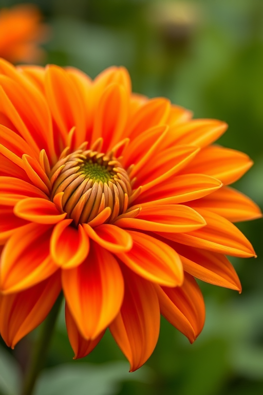 Capture a close-up of a vibrant orange dahlia flower in full bloom, shot with a 100mm macro lens, aperture f/2.8 for shallow depth of field, ISO 100 for low noise, natural lighting for true color, with a blurred green background to enhance depth.