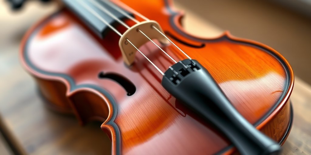 Create a high-resolution image of a violin with a glossy finish and accurate wood grain texture, captured with a Canon EOS R5, 50mm lens, f/2.8 aperture, ISO 100, in natural lighting with a soft focus background to enhance the subject.