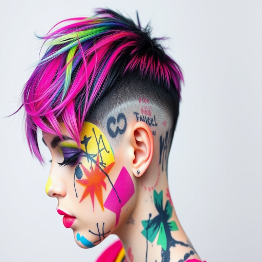 Edgy graffiti-inspired pixie cut featuring a kaleidoscope of neon hues in abstract patterns, with shaved sides for added drama