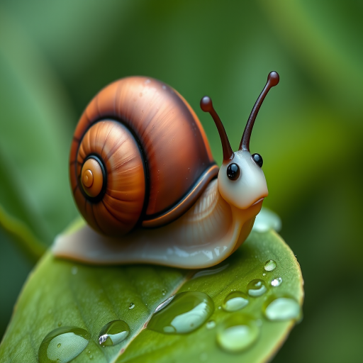 Create a high-resolution image of a cartoon snail on a green leaf with water droplets, using a DSLR camera with a 50mm lens, aperture set to f/2.8, ISO 100, and a shallow depth of field for a soft background effect.