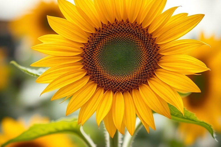 sunflower portrait shot, f/2.8 aperture, ISO 100, 1/500 sec shutter speed, soft focus background, natural light, DSLR camera with a macro lens, slightly tilted angle to emphasize petals