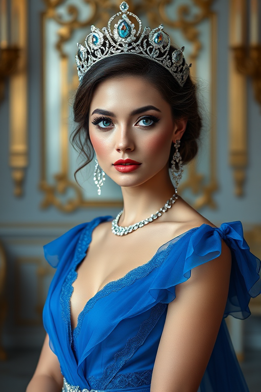 A gorgeous Eurasian woman in a luxurious blue gown, accessorized with a dazzling tiara and statement earrings, her deep blue eyes highlighted by impeccable makeup, poised in a royal setting, photorealistic, 8K quality