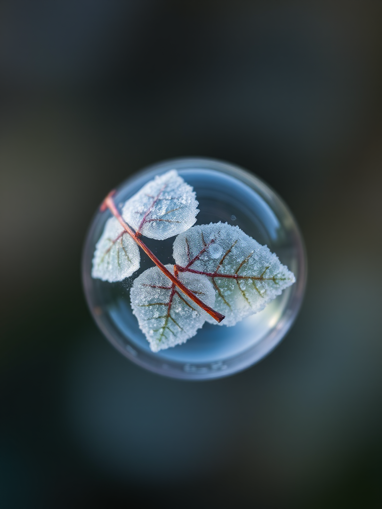 Close-up of a soap bubble containing frozen leaves, shallow depth of field, f/2.8, 50mm lens, ISO 100, natural light, macro photography.