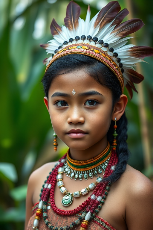 portrait of a young person wearing traditional ethnic attire with elaborate jewelry and feather accessories in a lush tropical setting, natural lighting, shallow depth of field, taken with a Canon EOS R5, 85mm lens, f/1.8 aperture, ISO 200, focus on the subject with a blurred background