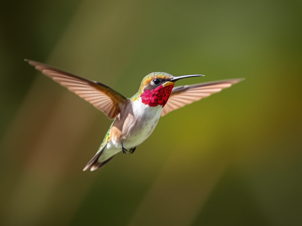 hummingbird in flight captured with a 100mm macro lens, f/2.8 aperture, ISO 400, 1/2000s shutter speed, natural lighting, shallow depth of field, focus on the bird's wings and colors, soft background blur