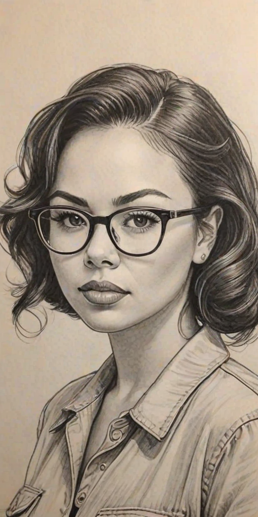 Fascinating Janel Parrish, pencil sketch, portrait of Fascinating woman 1940s in glasses, hair style beatnik, outline, clear lines, fine lines, 8k