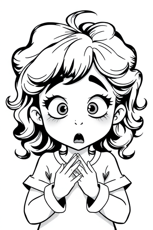 The image is a black and white illustration of a young girl with curly hair. She has a surprised expression on her face with her mouth open and her hands clasped together in front of her chest. Her eyes are wide and her eyebrows are furrowed. Her hair is styled in loose curls that are cascading down her back. The overall mood of the image is one of shock or surprise.