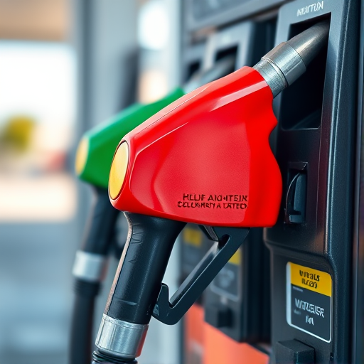 Generate a high-resolution image of a gas station pump with a fuel nozzle, shot from a close-up angle using a DSLR camera with a 50mm lens, aperture set to f/2.8, ISO 100, and shutter speed 1/200s, in daylight for enhanced clarity and detail.