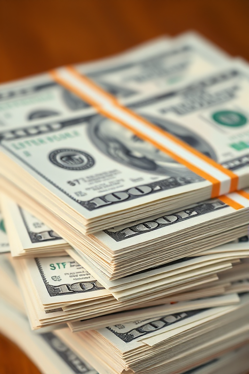 A close-up shot of stacked bundles of one hundred dollar bills, captured with a Canon EOS R5, 50mm lens, f/2.8 aperture, ISO 100, natural lighting, macro photography style to enhance texture and detail.