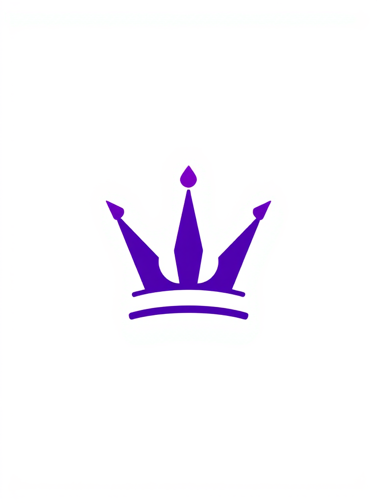 Create a sleek, minimalist logo featuring a stylized crown in shades of purple against a white background, using a Canon EOS R5 camera, 50mm lens, f/2.8 aperture, ISO 100, with soft lighting for enhanced clarity and color vibrance.