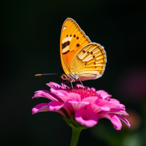 macro shot of a butterfly perched on a pink flower with a blurred dark background, aperture f/2.8, shutter speed 1/200s, ISO 100, 100mm lens, natural light, soft focus style, DSLR camera