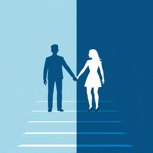 Create a vector-style image of two stylized human figures holding hands on a staircase with a split color background of light blue and dark blue, using a high-resolution digital camera, 50mm lens, f/2.8 aperture, ISO 100, and a soft-focus effect for a clean and modern look.