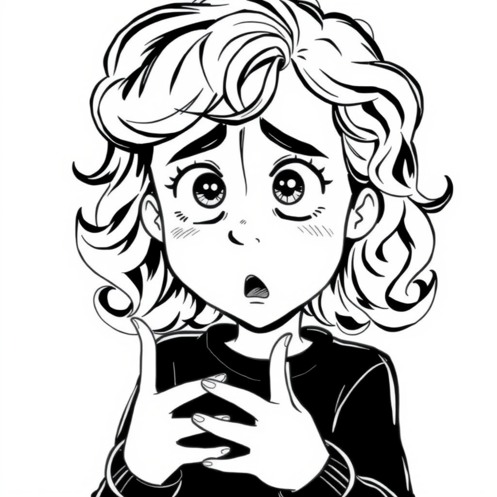 The image is a black and white illustration of a young girl with curly hair. She has a surprised expression on her face with her mouth open and her hands clasped together in front of her chest. Her eyes are wide and her eyebrows are furrowed. Her hair is styled in loose curls that are cascading down her back. The overall mood of the image is one of shock or surprise.