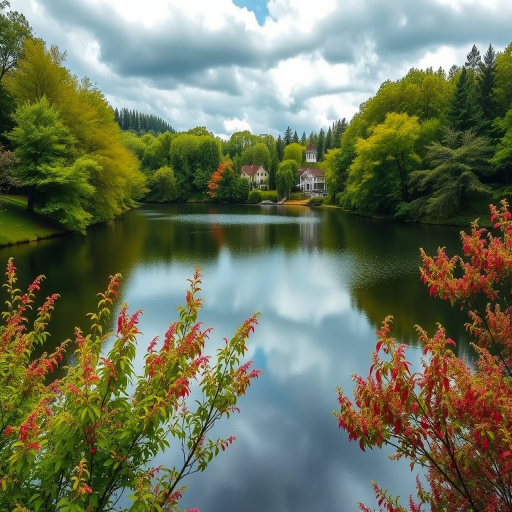 Capture a serene landscape of a lake surrounded by lush green trees and blooming foliage on a cloudy day, using a DSLR camera with a 24mm lens, f/8 aperture, 1/125 sec shutter speed, and ISO 200, focusing on vibrant colors and reflections on the water's surface.