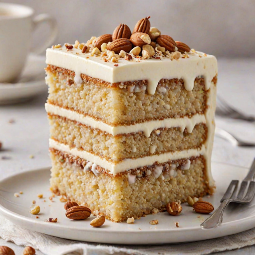 Generate an image of a slice of layered cake with a light frosting, featuring alternating layers of vanilla cake and a creamy filling. The top is decorated with a sprinkle of chopped nuts. The cake should be presented on a simple white plate with a fork beside it, set against a softly blurred background.