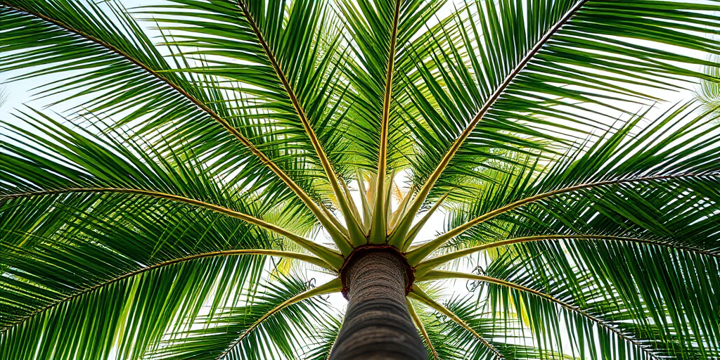 Create a highly detailed illustration of a green palm tree viewed from a low angle with soft lighting, using a 50mm lens, f/2.8 aperture, ISO 100, and a resolution of 300 DPI.