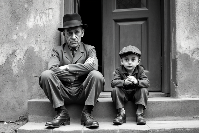 A black-and-white photograph of a man and a child sitting on steps in front of a doorway. The man is dressed as a tramp with a bowler hat, mustache, and ragged clothes, reminiscent of Charlie Chaplin's iconic look. He is sitting with his arms crossed and an expression of slight sadness or frustration. Next to him is a young boy, also in worn clothes and a cap, sitting with his hands clasped, looking thoughtful. The background is an old, textured wall and a partially open door, creating a vintage, early 20th-century atmosphere.