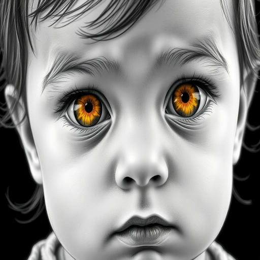 A hyperdetailed photorealistic black and white sketch of a beautiful toddler with deep Yellow eyes, with a macro focus