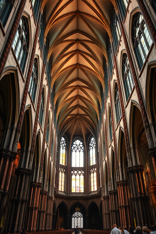 interior of a gothic cathedral with high ceilings, tall arches, and intricate details, soft natural light streaming through large stained glass windows, captured with a Canon EOS R6, 24mm lens, aperture f/4, ISO 100, focal length 24mm, using a wide-angle perspective to emphasize architectural features and light dynamics.