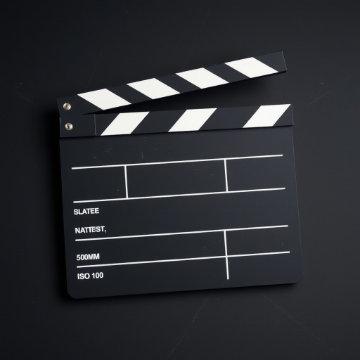 Create a high-resolution image of a film slate with a matte finish, using a DSLR camera, 50mm lens, f/2.8 aperture, ISO 100, and a slight overhead angle for better visibility and clarity.