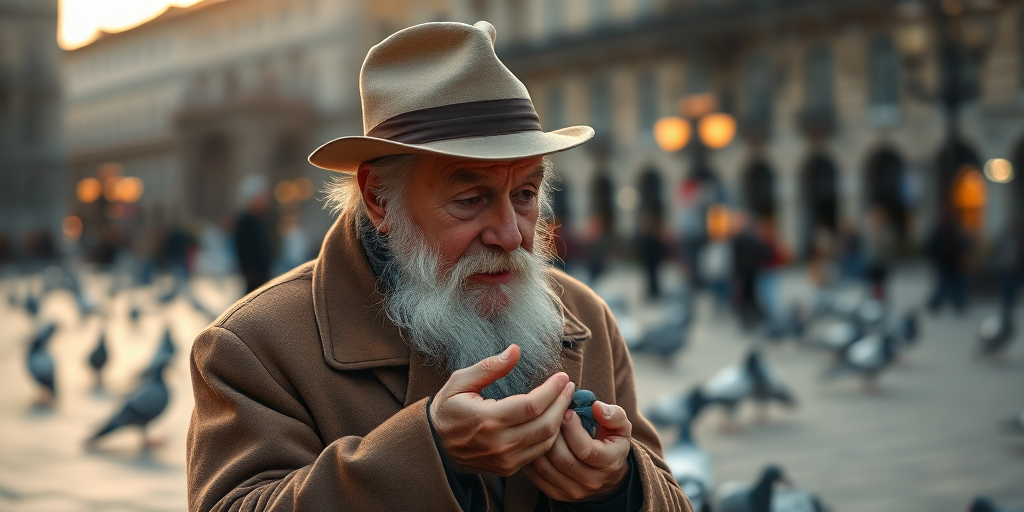an elderly man with a white beard wearing a beige hat and brown coat feeding pigeons in a city square during twilight, soft focus background, Canon EOS R5, f/2.8, 1/200s, ISO 400, 85mm lens, shallow depth of field, natural light