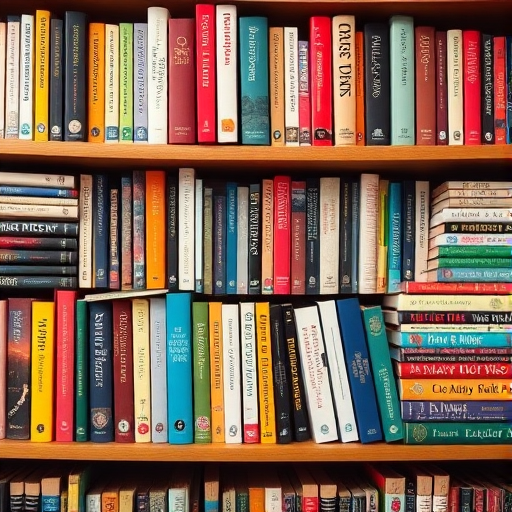 A colorful bookshelf filled with various books in vibrant colors, some standing upright and others stacked, captured with a DSLR camera at f/8 aperture, ISO 200, 50mm lens, natural light for enhanced detail and clarity.