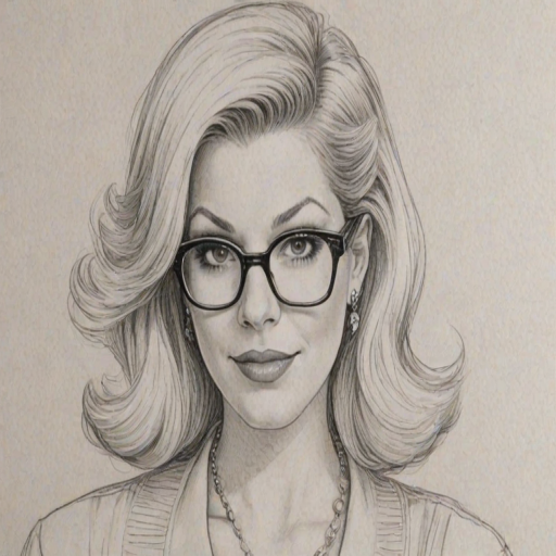 Appealing Tori Spelling, pencil sketch, portrait of Enchanting woman 1939s in glasses, hair style beatnik, outline, clear lines, fine lines, 8k
