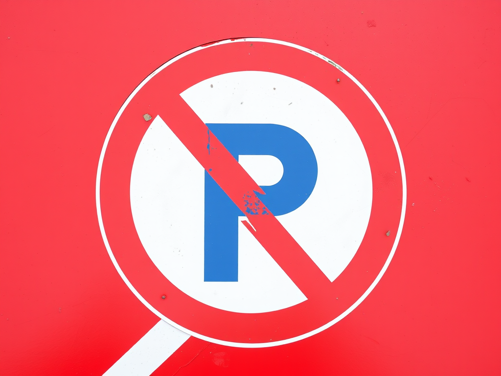Generate a high-resolution circular no parking sign on a solid red background with a blue circle and diagonal line, shot with a DSLR camera at f/8, ISO 100, 50mm lens, top-down view, natural lighting.