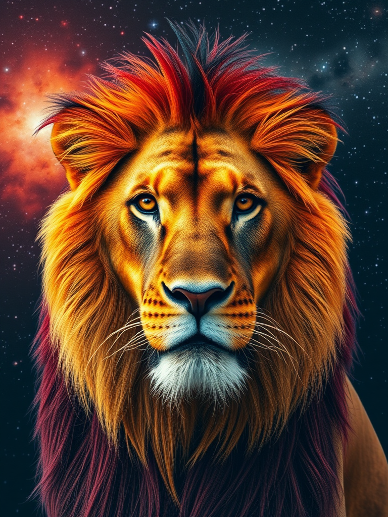 Create a vivid, highly detailed portrait of a lion with a vibrant mane featuring colors like red, orange, and yellow, set against a cosmic background; camera settings: f/1.8, ISO 100, shutter speed 1/200s; camera view: close-up; camera style: high dynamic range; camera type: DSLR.