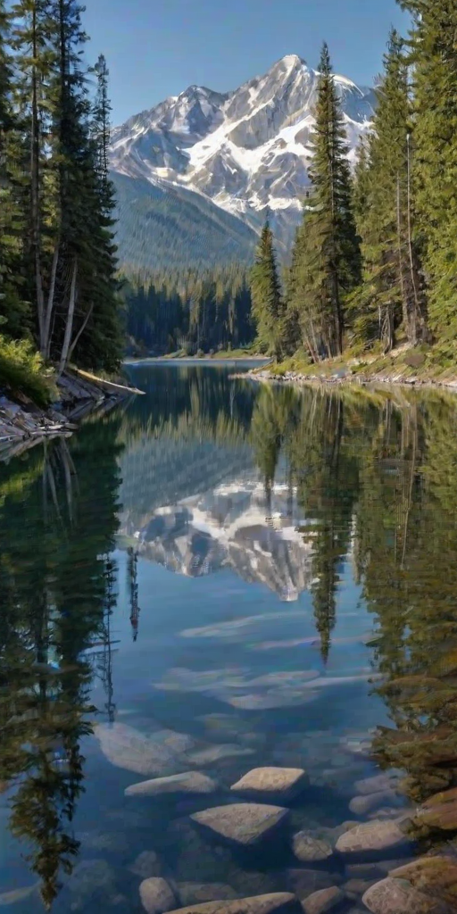 Sharp, high-resolution photo of a pristine mountain lake, the surface of the water mirror-like, reflecting the snow-capped peaks and clear blue sky, tall pine trees lining the shore, soft ripples in the water from a gentle breeze.