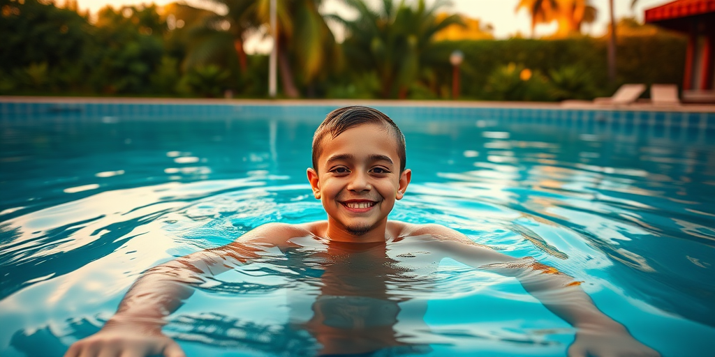 Generate an image of a man swimming with a smiling toddler in a pool, surrounded by lush greenery and water reflections, golden hour lighting, camera settings: ISO 100, aperture f/4, shutter speed 1/200s, camera view: eye level, camera style: vibrant colors, camera type: DSLR.