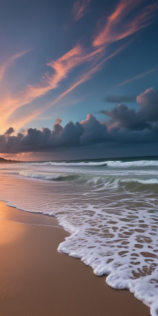 Tranquil Sunset Over Waves and Soft Sandy Beach Under Colorful Sky