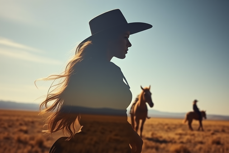 "Create a Double exposure", a silhouette "profile portrait of a young cowgirl" with long hair "superimposed" against a long shot of a cowgirl riding a horse across the plains, fantastic view, 32k, cinematic, hyper-realistic.