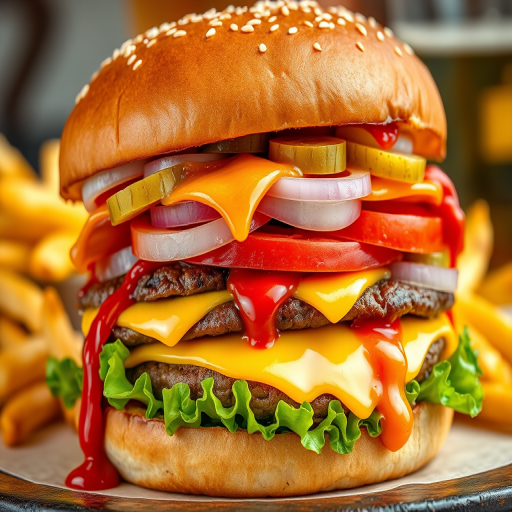 High-resolution, close-up image of a gourmet double cheeseburger. The burger features a glossy, sesame-seed-topped brioche bun. Inside, there are two thick, juicy beef patties, each topped with melted cheddar cheese. The burger is garnished with fresh lettuce, tomato slices, diced onions, and pickles. A generous amount of ketchup and a creamy, orange-colored sauce is dripping down the sides, adding to the mouth-watering appeal. In the background, there are blurred elements including a side of golden French fries and a hint of a beverage, enhancing the overall presentation of a delicious meal.