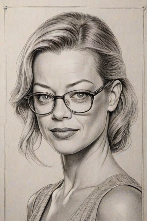 Graceful Jeri Ryan, pencil sketch, portrait of Delightful woman 1925s in glasses, hair style beatnik, outline, clear lines, fine lines, 8k