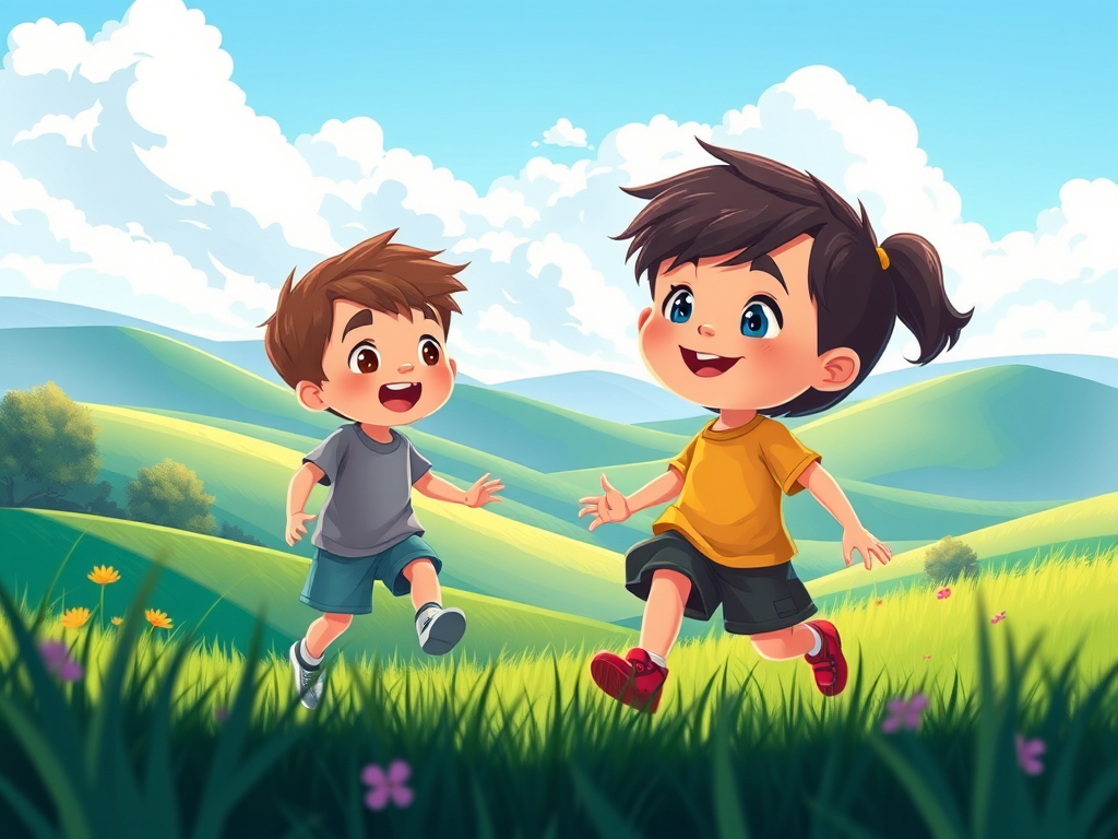 create a vibrant illustration of two children playing in a lush green landscape with rolling hills and a clear blue sky, use a wide-angle view, set at f/8 for depth of field, with a vivid color palette and soft shading, computer-generated graphics style