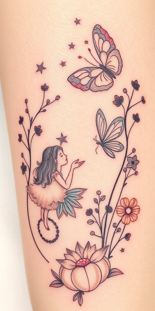 Illustrative fine line tattoo featuring a whimsical fairy tale scene, delicate linework creating depth and texture, ethereal pastel colors blending seamlessly, storybook-inspired composition