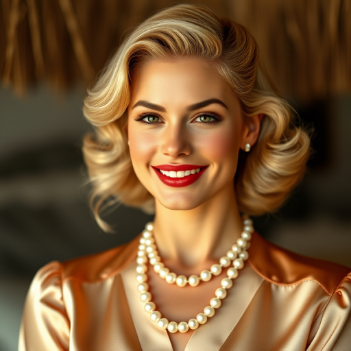 A beautiful Tahitian woman reminiscent of 1950s Hollywood glamour, with perfectly styled blonde hair and a seductive smile, dressed in a satin blouse and adorned with pearls, soft and warm tones, photorealistic, 8K