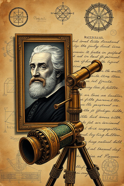 Create a vintage-style illustration featuring a historical figure portrait framed on one side and an intricate telescope on the other, with an aged parchment background filled with alchemical symbols and handwritten notes, captured with a DSLR camera at f/2.8, ISO 100, 50mm lens, using a soft focus effect for depth.