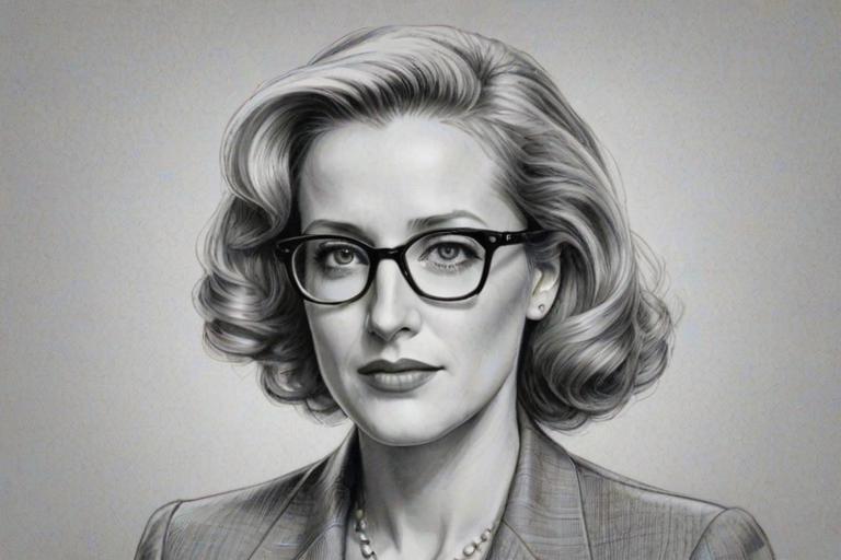 Resplendent Gillian Anderson, pencil sketch, portrait of Elegant woman 1940s in glasses, hair style beatnik, outline, clear lines, fine lines, 8k