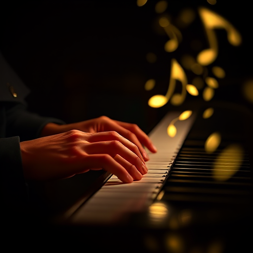 Create an image of hands playing a piano with glowing musical notes cascading down, set against a dark background, shot with a Canon EOS R5, 50mm lens, f/1.8 aperture, ISO 200, and a slow shutter speed to capture motion blur effects.