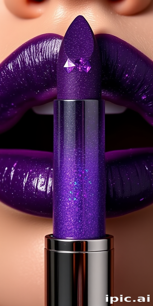 Alluring "Amethyst Aura" lipstick transforms lips with a deep purple hue and multidimensional shimmer, creating a mesmerizing, gem-like effect