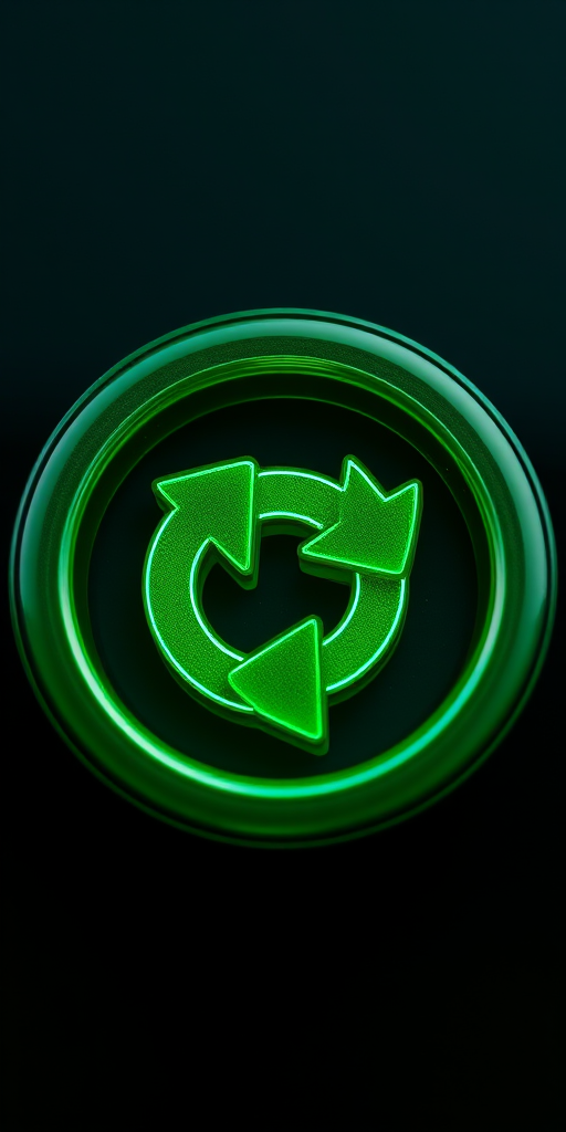 generate a high-resolution image of a glossy green refresh icon with a circular arrow design, camera settings: ISO 100, aperture f/8, shutter speed 1/60, camera view: top-down perspective, camera style: macro photography, camera type: digital SLR