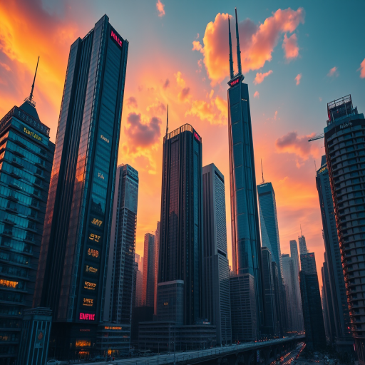 create an image of a futuristic cityscape at sunset with vibrant colors and intricate details using a DSLR camera with a 24mm lens, aperture f/8, ISO 100, and HDR settings for enhanced dynamic range, shot from a low angle perspective to emphasize towering skyscrapers and a hint of clouds in the sky